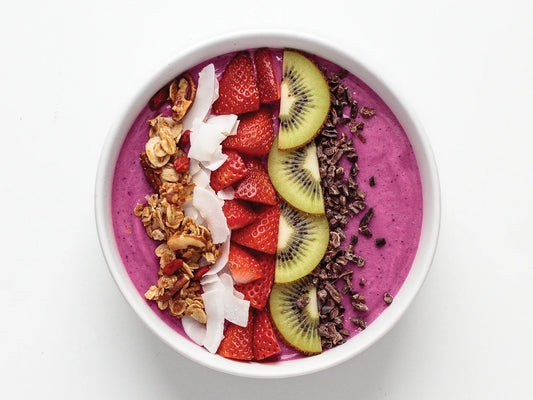 Mixed Berries collagen smoothie bowl, healthy recipe from NatureAid Cambodia